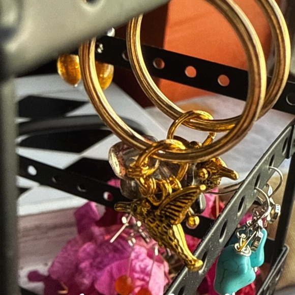 Gold Hummingbird Hoop Earrings with Smokey quartz - Picture 1 of 2
